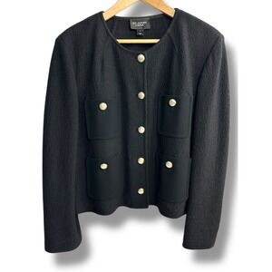 St John Caviar Black Textured Knit Blazer Jacket Gold Button Pockets Size 14